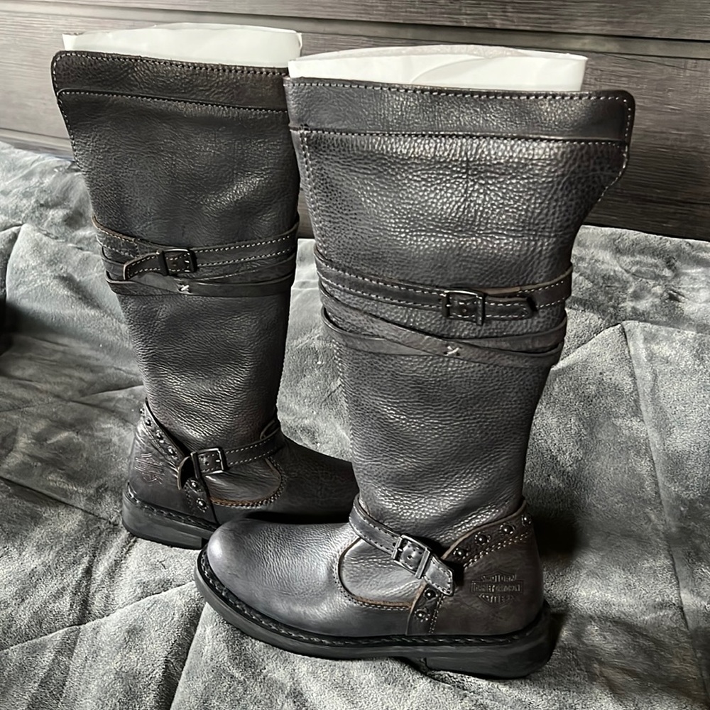 Size 6, Harley Davidson knee high, dark gray boots. Never worn, like new.